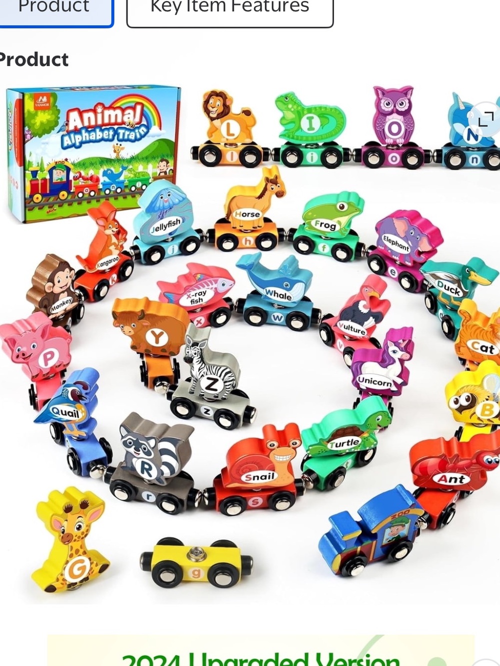 Vanmor Wooden Alphabet Train Set ABC and Animal Play Set tops snap to the bottom